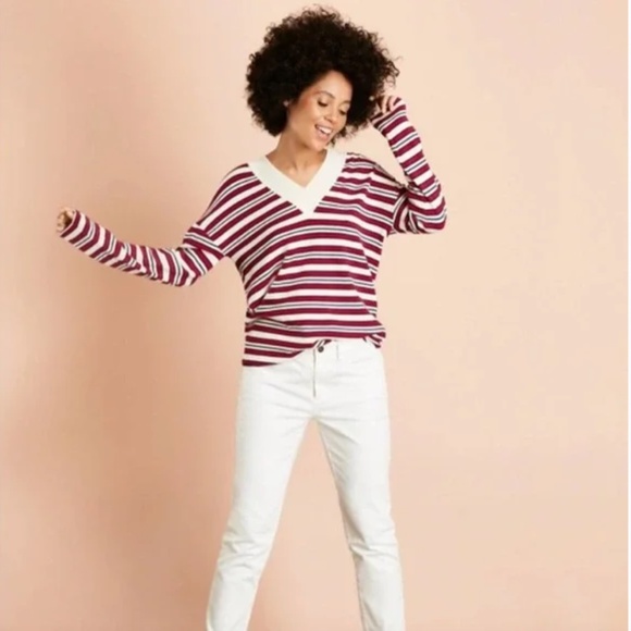Brooks Brothers Red White Navy Striped V-Neck Oversized Sweater Size Medium - Picture 1 of 10